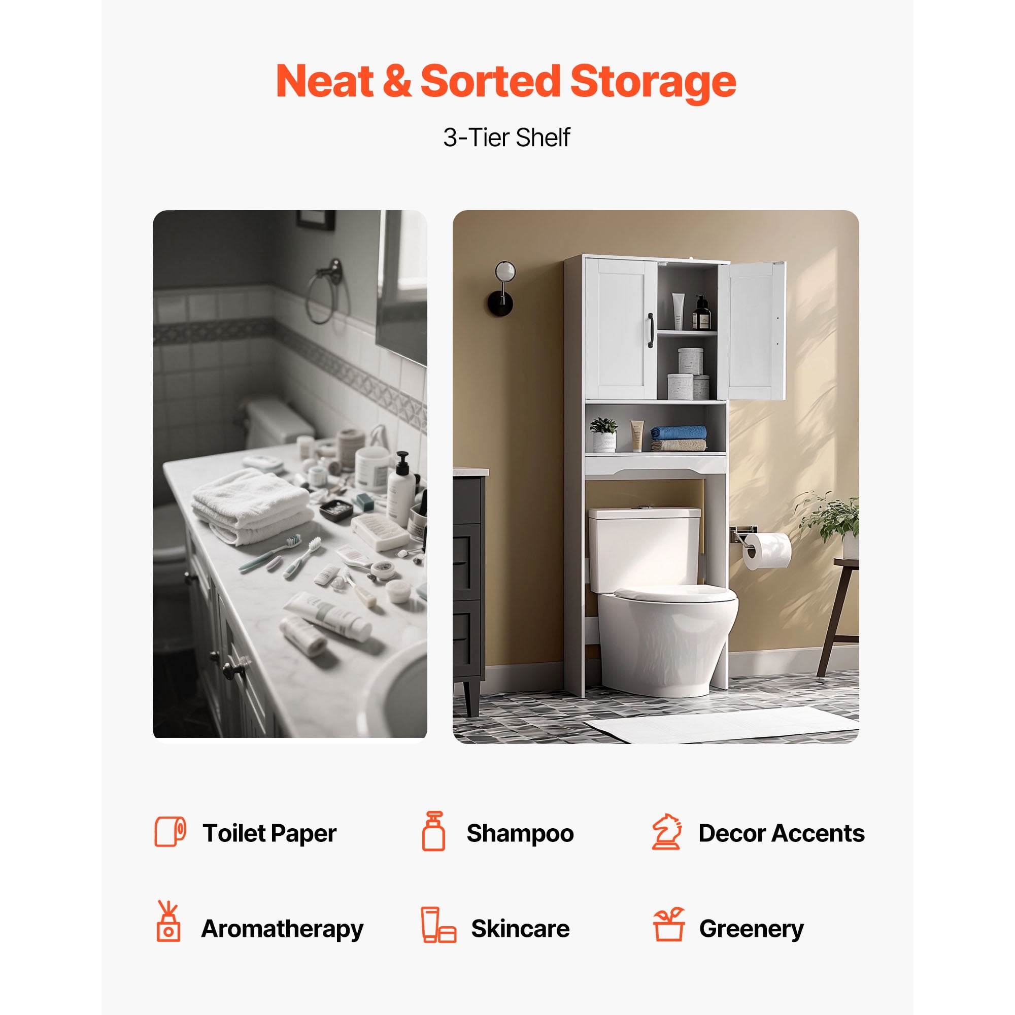KFFKFF Over-The-Toilet Storage Cabinet, 65-Inch Tall Bathroom Organizer with Adjustable Shelf and Double Doors, Space-Saving Bathroom Storage Unit with Open Shelf, White
