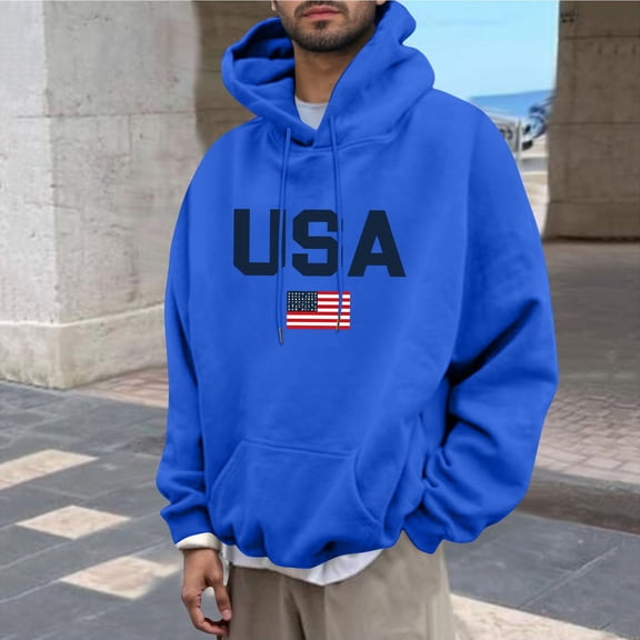 ZOYOEN Mens Graphic Hoodie with Drawstring- Relaxed Fit Casual Trendy Long Sleeve Pullover Sweatshirt Blue