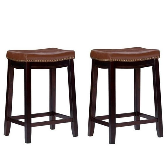 Home Square 2 Piece 26" Wood Saddle Counter Stool Set in Cognac Brown