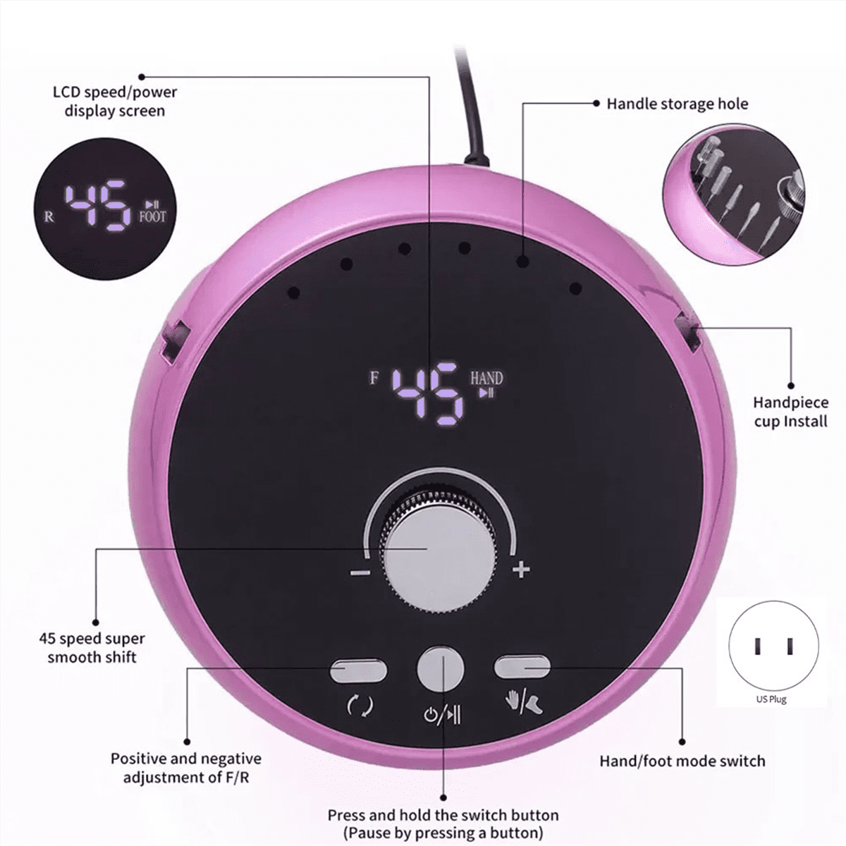Electric Nail Drill Professional Manicure Machine Brushless Motor Nails Sander Set Nail Polisher Equipment US PLUG,D