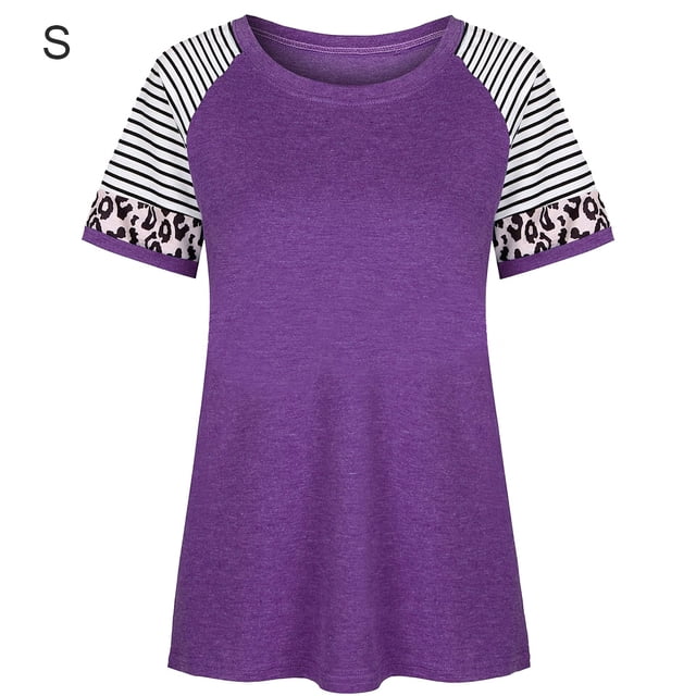 Camiseta de mujer con estampado de rayas, manga corta, blusa con cuello redondo, morado, S AweSitey AP001776-16
