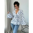 thumbnail image 4 of Women'S Floral Print Blouse Long Sleeve Babydoll Shirt Deep V Neck Peplum Top Blue S, 4 of 7