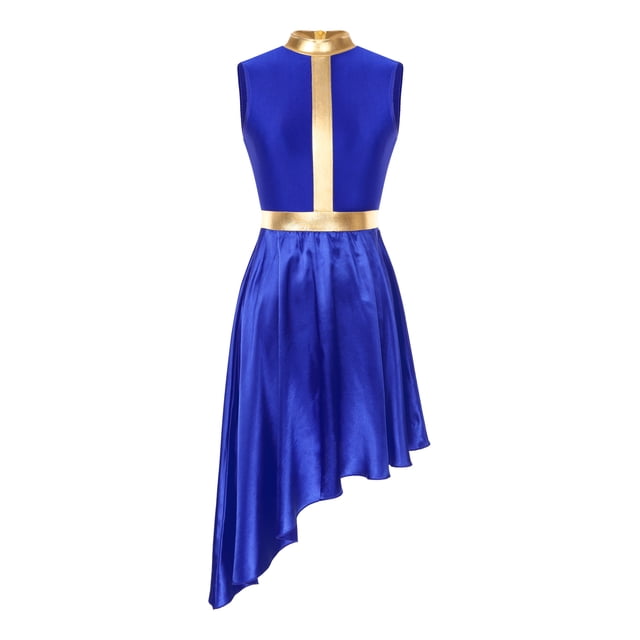 Rswnyirn Robe de Danse Latine en Satin Col Montant pour Femmes Costume de Danse Asymétrique Samba Rumba Tango Bleu Royal TG