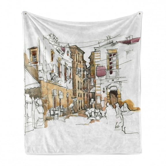 Modern Soft Flannel Fleece Throw Blanket, Painting Sketchy Like Design with Street View Houses Wires Artwork Print, Cozy Plush for Indoor and Outdoor Use, 50" x 60", Multicolor, by Ambesonne