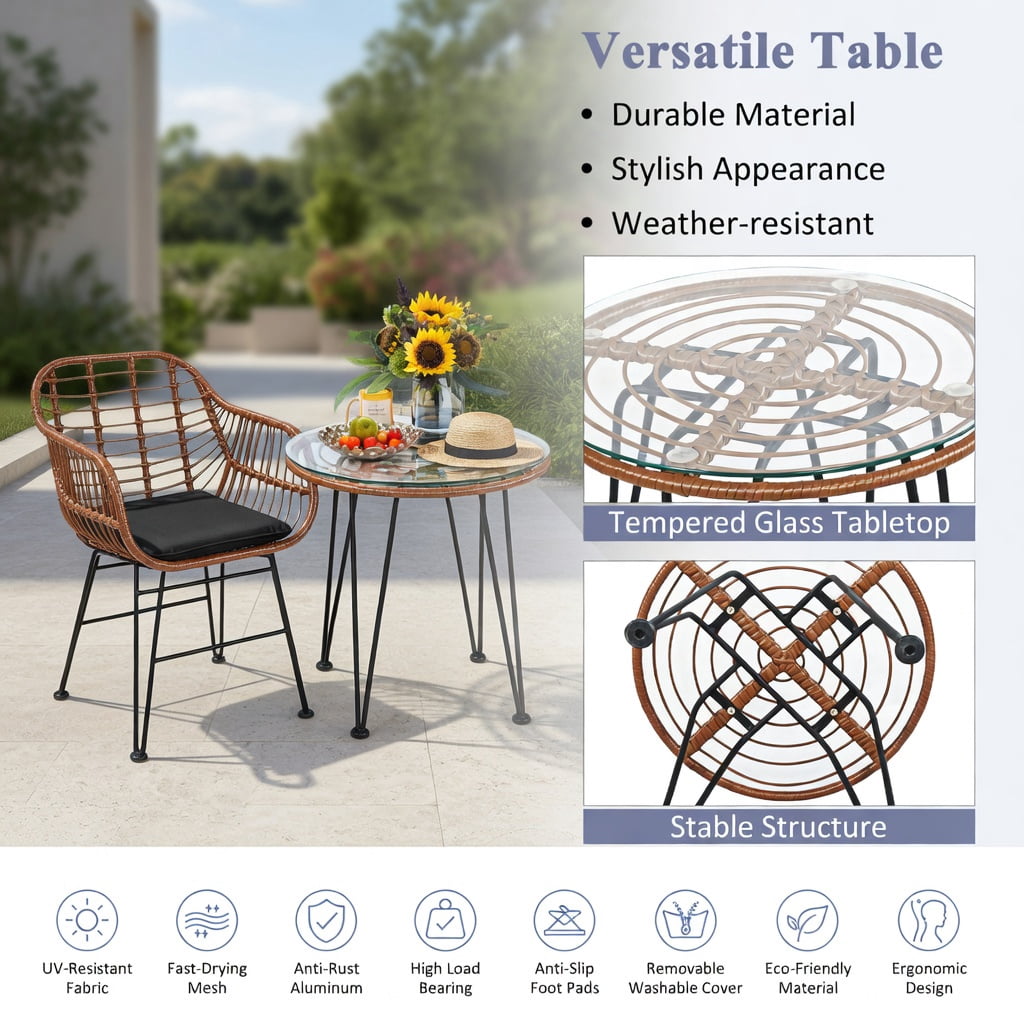 Hommoo 3-Piece Outdoor Rattan Bistro Set with Removable Cushions, Steel Frame, Tempered Glass Table, Patio & Balcony Seating, Black