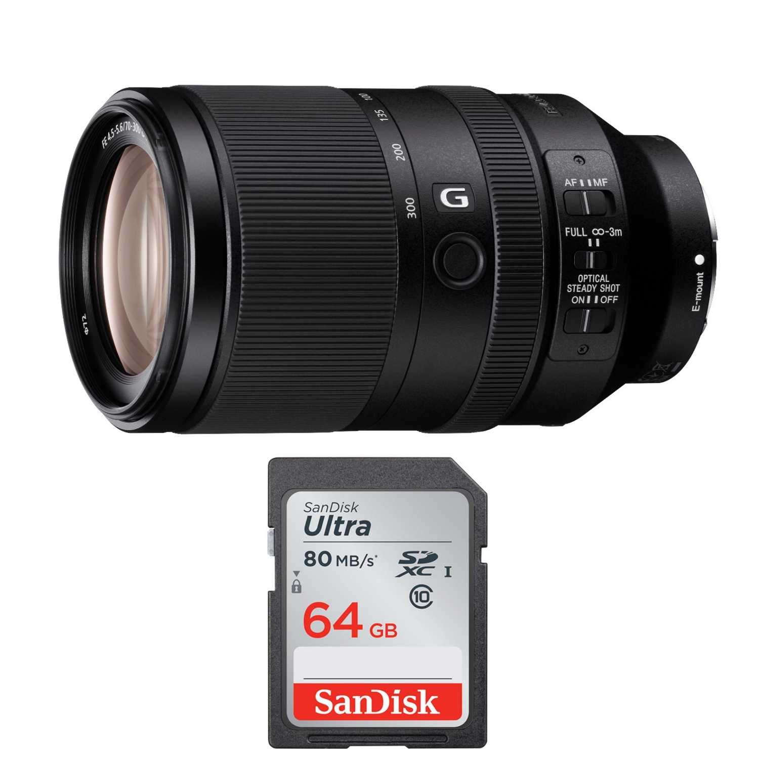 Sony FE 70300mm f/4.55.6 G OSS EMount Telephoto Zoom Lens & 64GB SD