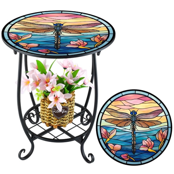 12" Round Mosaic Side Table, Decorative Ceramic Accent Table for Indoor & Outdoor Use, Small Plant Stand for Patio, Porch, Balcony, Living Room & Bedroom (Portable & Sturdy Metal Frame)
