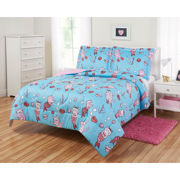 Mainstays Kids Mermaid Cats Coastal Reversible Comforter Set, Multiple ...