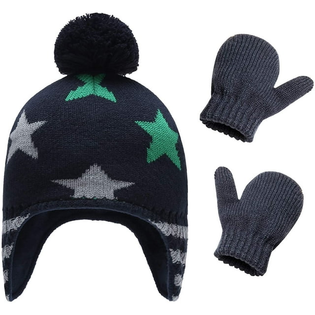 Ensemble Bonnet d'Hiver et Mitaines pour Bébé Fille et Tout-Petit, Bonnet Tricoté Chaud avec Rabat d'Oreille en Polaire pour Garçons Nourrissons