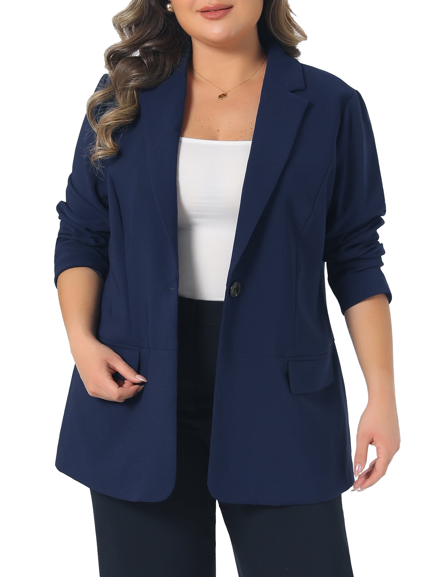 DARING DIVA Women's Plus Lapel Button Work Office Business Suit Jacket 4X Navy Blue
