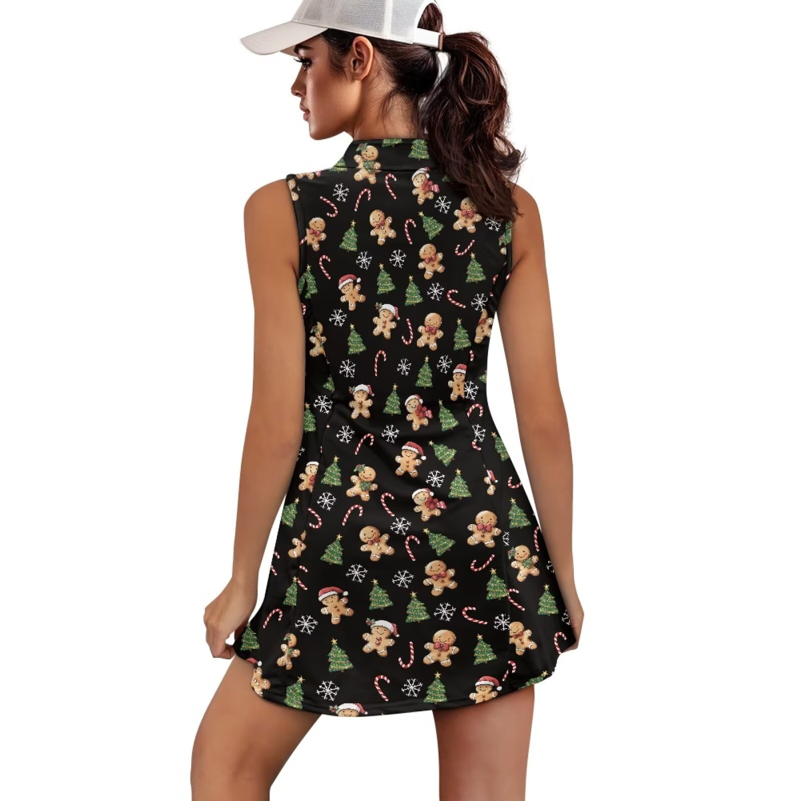 Yuyamidu Gingerbread Man Womens Tennis Dress Built in Shorts Christmas Tree Exercise Workout Dress with Pockets Golf Athletic Dresses for Women Size L