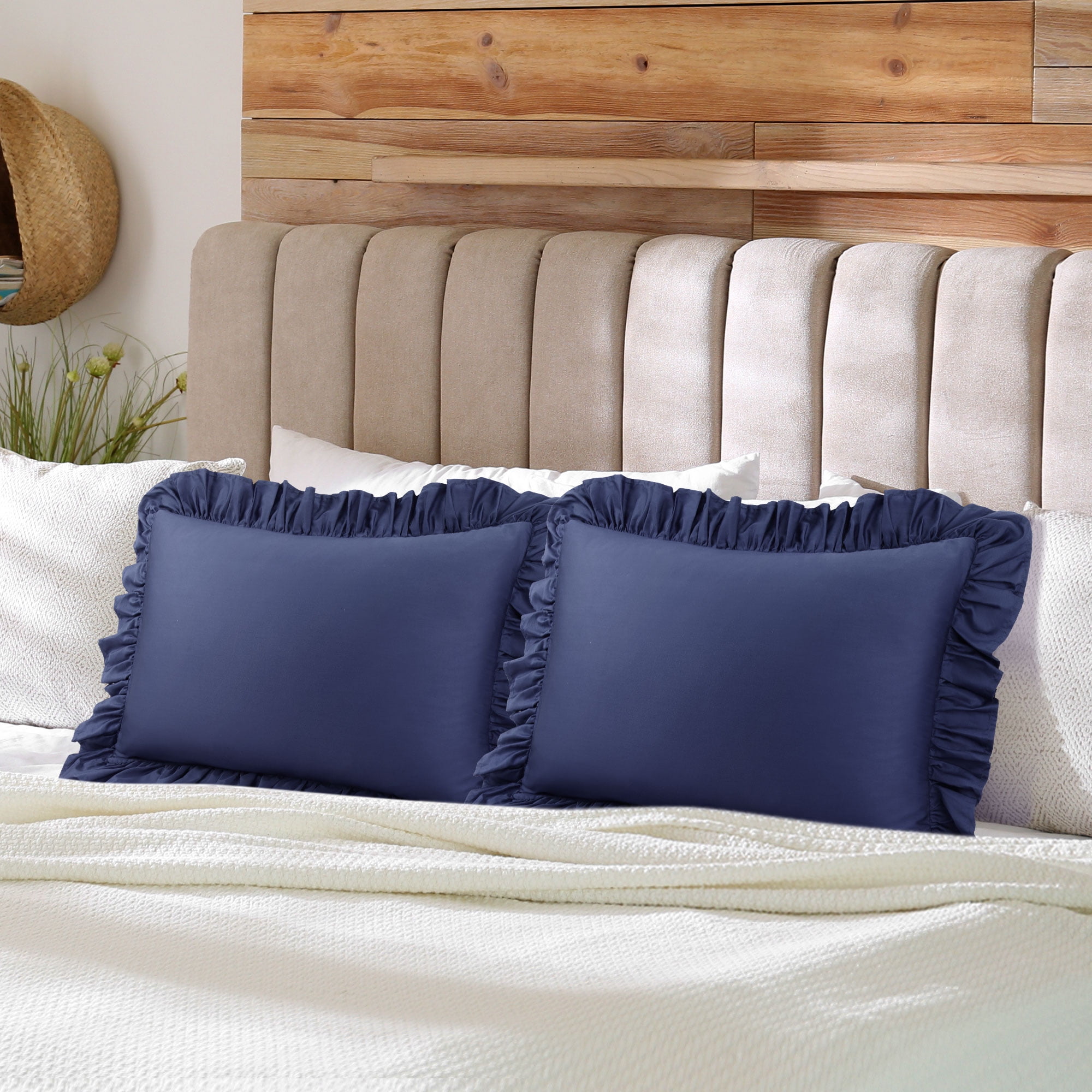 Unique Bargains 2 Pcs 100% Cotton Envelope Closure Ruffled Pillowcases Navy Blue Queen