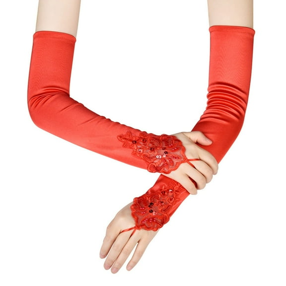 UJNDER Fashion Opera Long Fingerless Gloves for Bridal Wedding Party Stretchy Glove Mesh and Drill Design for Elegant Red