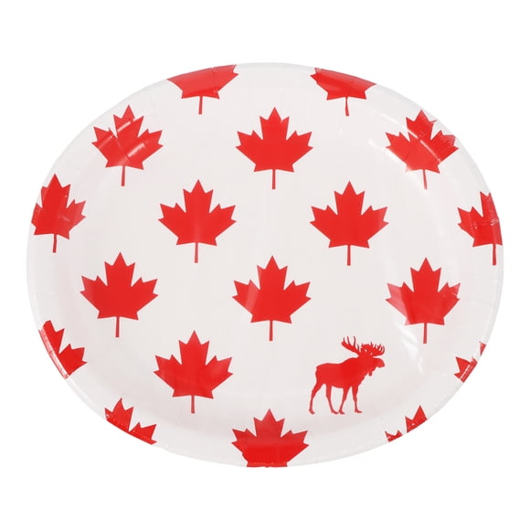 Way to Celebrate! Canada Day Oval Red Maple Leaf and Moose Paper Plates 10.4" x 12.2" ,8 ct