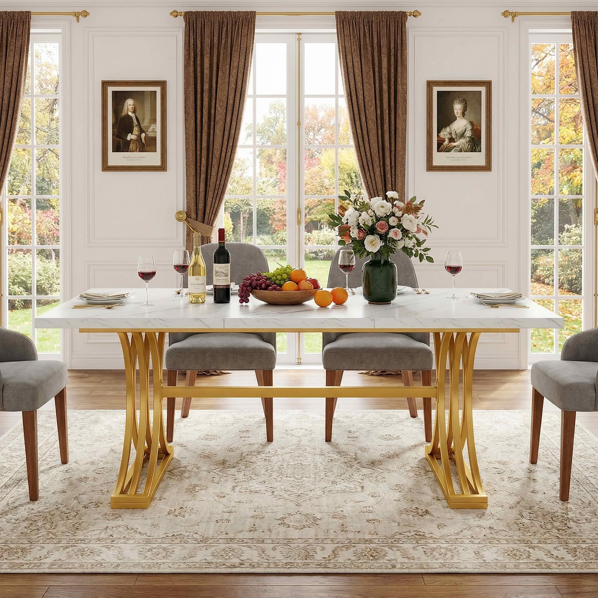 MAYEERTY 63" Faux Marble Gold Metal Dining Table, Modern Elegant Kitchen Table