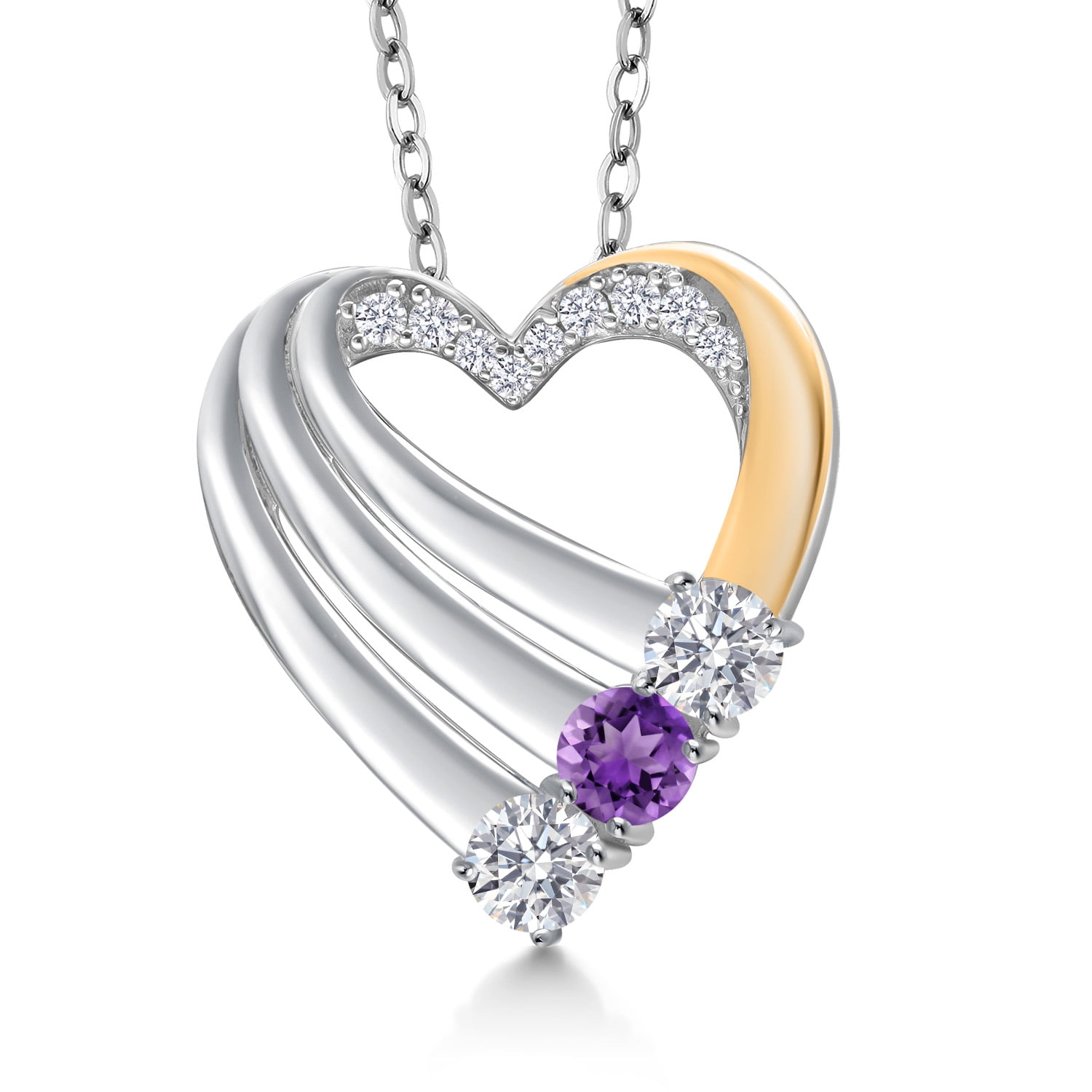 Gem Stone King 925 Silver and 10K Yellow Gold White Lab Grown Diamond and Purple Amethyst Heart Pendant for Women | 0.89 Cttw | Gemstone April Birthstone | With 18 inch Chain