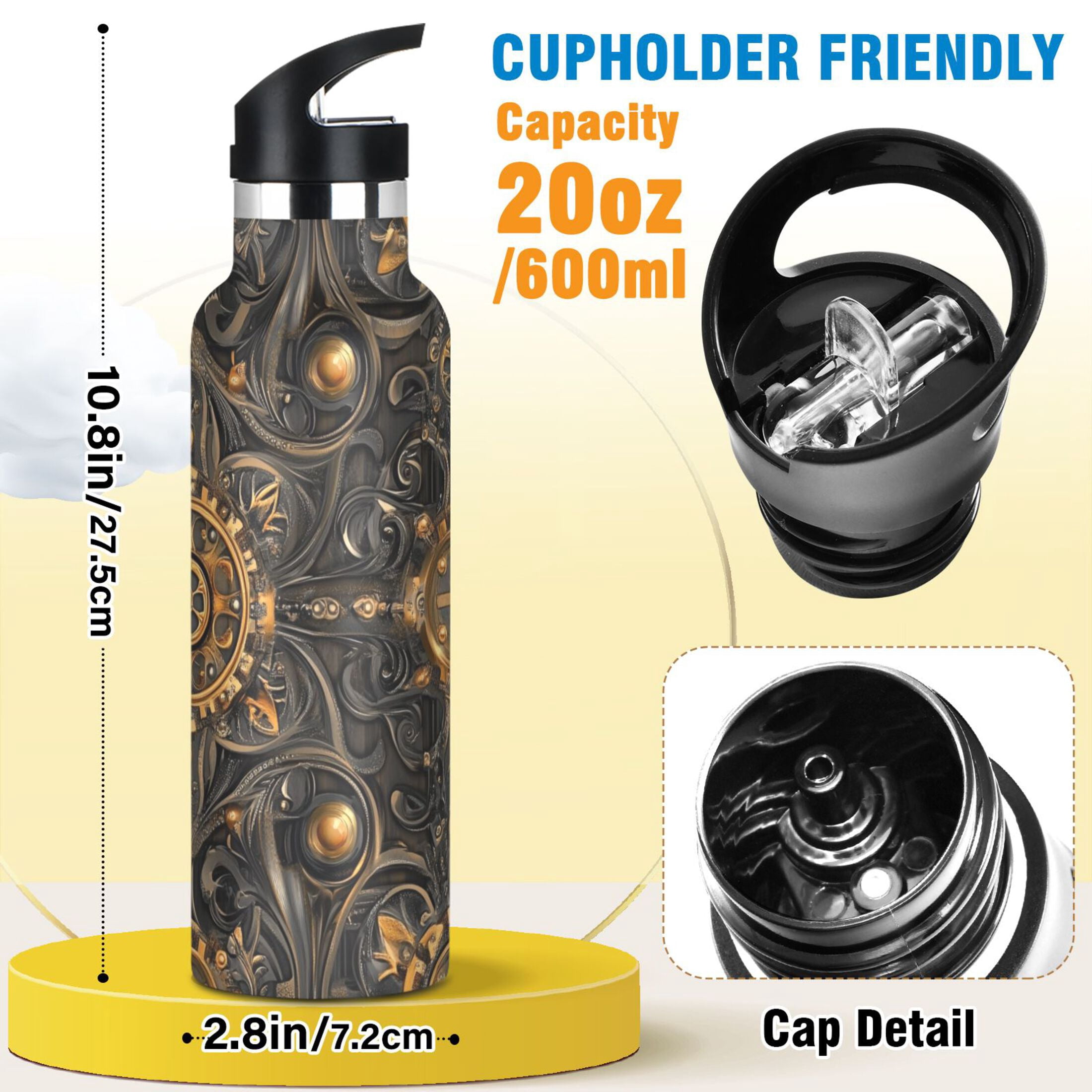 600ML Stainless Steel Insulated Cup Sports Water Bottle Portable Thermos Cup Water Glasses Insulated Tumblers Convenient and Durable Steampunk Style Gears