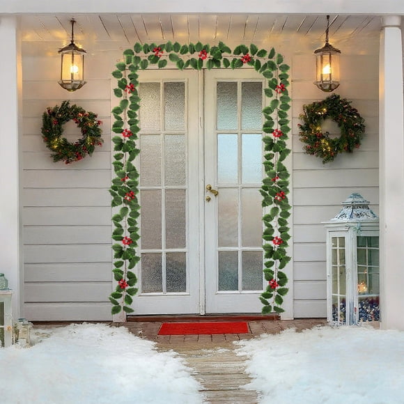 Enredaderas navideñas artificiales con frutos rojos, adecuadas para decoraciones de fiestas como puertas, ventanas y chimeneas.