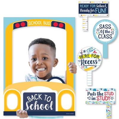 Back to School - First Day of School Classroom Decorations and Selfie Photo Booth Picture Frame and Props - Printed on Sturdy Material