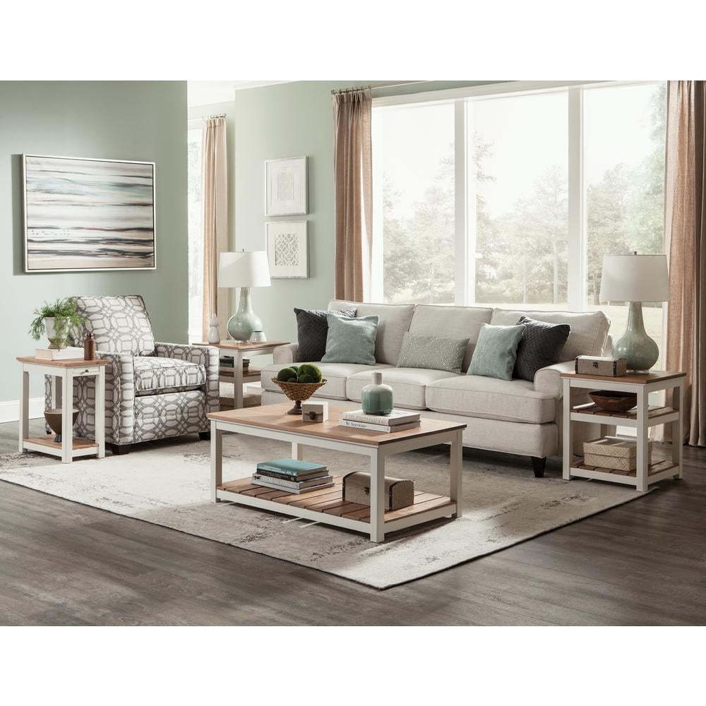 Alaterre Furniture Savannah Chairside End Table with Pull-out Shelf, Ivory with Natural Wood Top