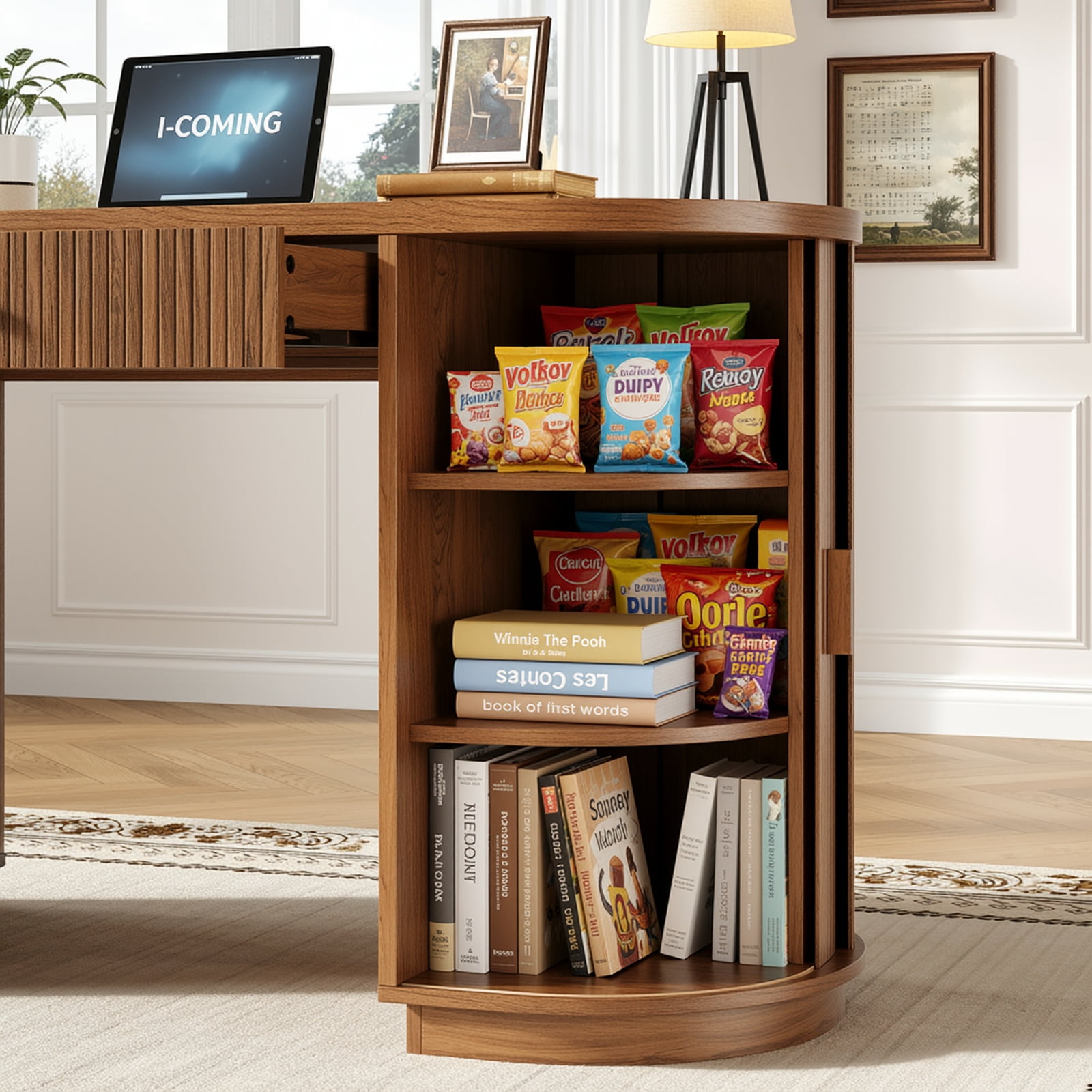 58 inch Home Office Desk with Charging Station, Fluted Executive Computer Desk with Drawers and Storage Cabinet, Large Wood Writing Table for Study, Living Room, Bedroom Workstation,Elegant Walnut