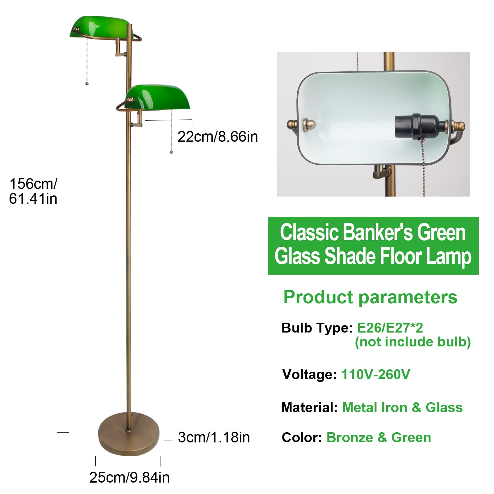 Vintage Green Glass Bankers Floor Lamp with Adjustable Arm & Pull Chain Switch,Satin Brass Finish,Standing Reading Lamp for Bedroom, Office, Living Room(not include bulb)
