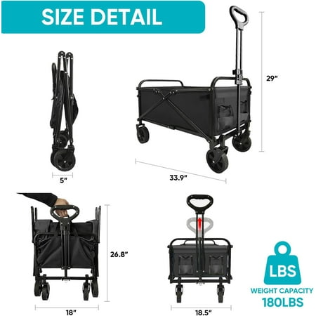 Collapsible Foldable Wagon - Large Capacity, Heavy Duty Folding Wagon for Outdoor Sports, Shopping, Camping, Black
