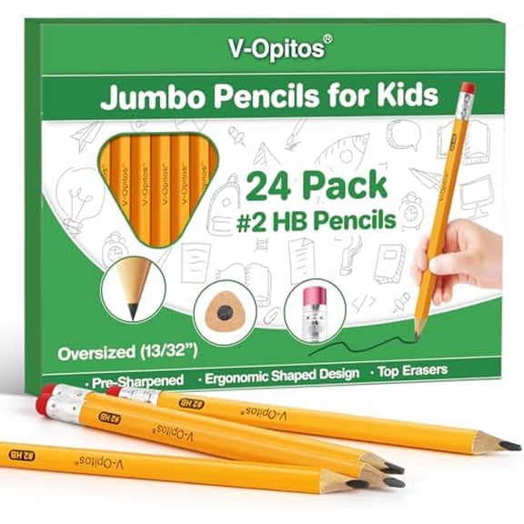 24 Pack Jumbo #2 HB Pencils for Kids, Triangle Shape Pre-sharpened Wood-Cased Pencils with Top Erasers, Ideal Home, Kindergartens, School Classroom Supplies$$Office