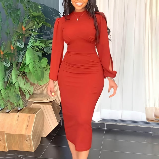 TopLLC Long Sleeve Round-Neck Dress Fashion Women's Casual Solid Round Neck Ruffle Ruched Long Sleeve Slit Fold Dresses With Zipper Wome Dress on Clearance