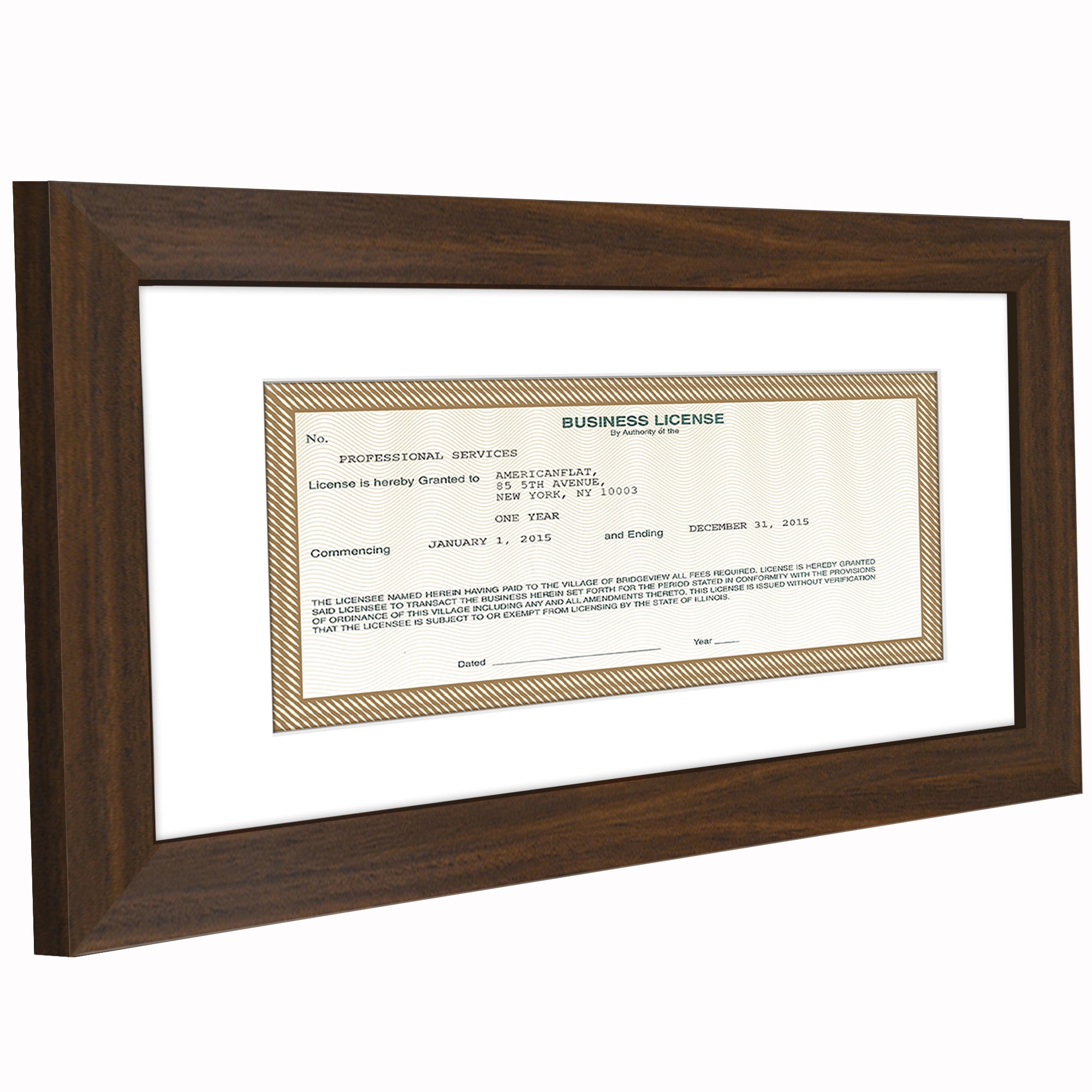 Americanflat 5x10 Picture Frame with Shatter-Resistant Glass with 3.5x8 Mat Business License Display - Walnut