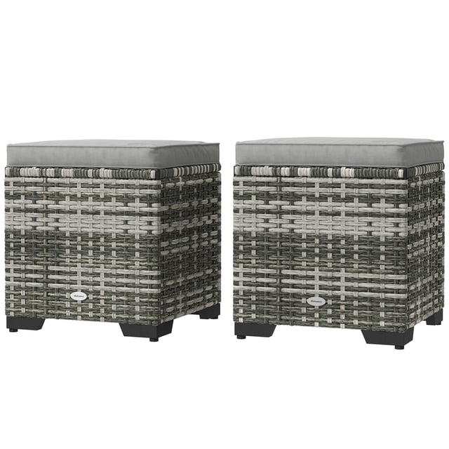 Set of 2 Grey Wicker Outdoor Ottomans with Storage, Weather-Resistant PE Rattan Footstools & Removable Cushions, Versatile Seating for Patio, Garden, Poolside & Deck (15.7" H)