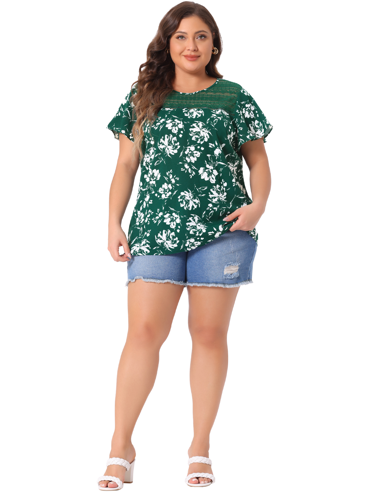 Unique Bargains Women's Plus Size Flared Sleeves Lace Panel Floral Tee 2X Green