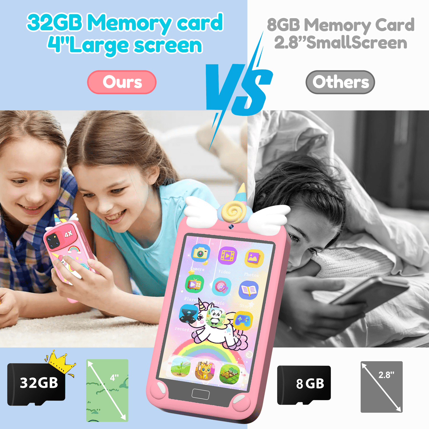 Merryhome Kids Smart Phone for Girls with 4.0" Large Touchscreen, 32G Card Christmas Birthday Gifts for Age 3-10 Kid Toys Cell Phone with Holographic Pyramid, Dual Lens, Music Player Pink
