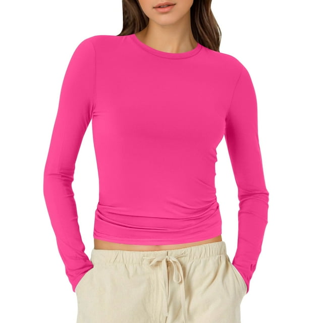 T-Shirts pour Femmes 2025, T-Shirts Femmes, T-Shirts à Manches Longues pour Femmes à Col Rond, Crop Top à Manches Longues pour Femmes, T-Shirt Femme à Manches Longues Basique Uni Ajusté, Hauts à Manches 3/4 pour Femmes Ajustés