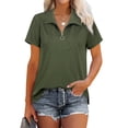thumbnail image 1 of Top de manga corta para mujer Textura acanalada Media cremallera Cuello vuelto Camisa de verano de color puro OD Verde S, 1 of 2