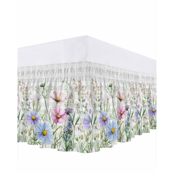 Retro Pink Bed Skirt Queen Size 16" Drop Blue Wildflowers Country Floral Herbs Grey Plaid Ruffled Wrap Around Bed Skirts Adjustable Elastic Bedskirt Dust Ruffle for Queen Size Bed