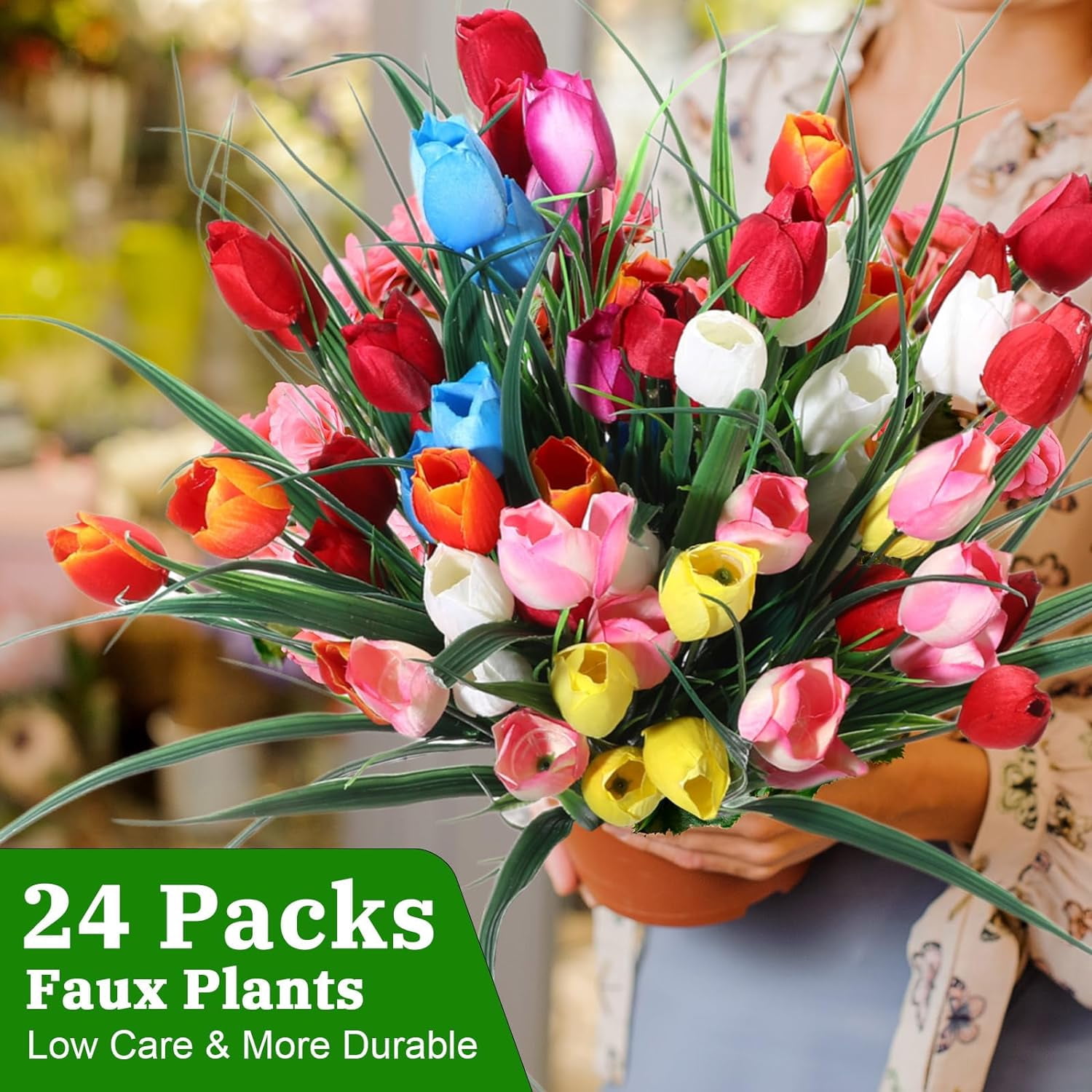 24 Bundles Artificial Tulips Fake Flowers UV Resistant Faux Realistic Tulip Flowers Faux Plastic Greenery Shrubs Plants for Wreath Home Room Office Party Wedding (Multicolor)