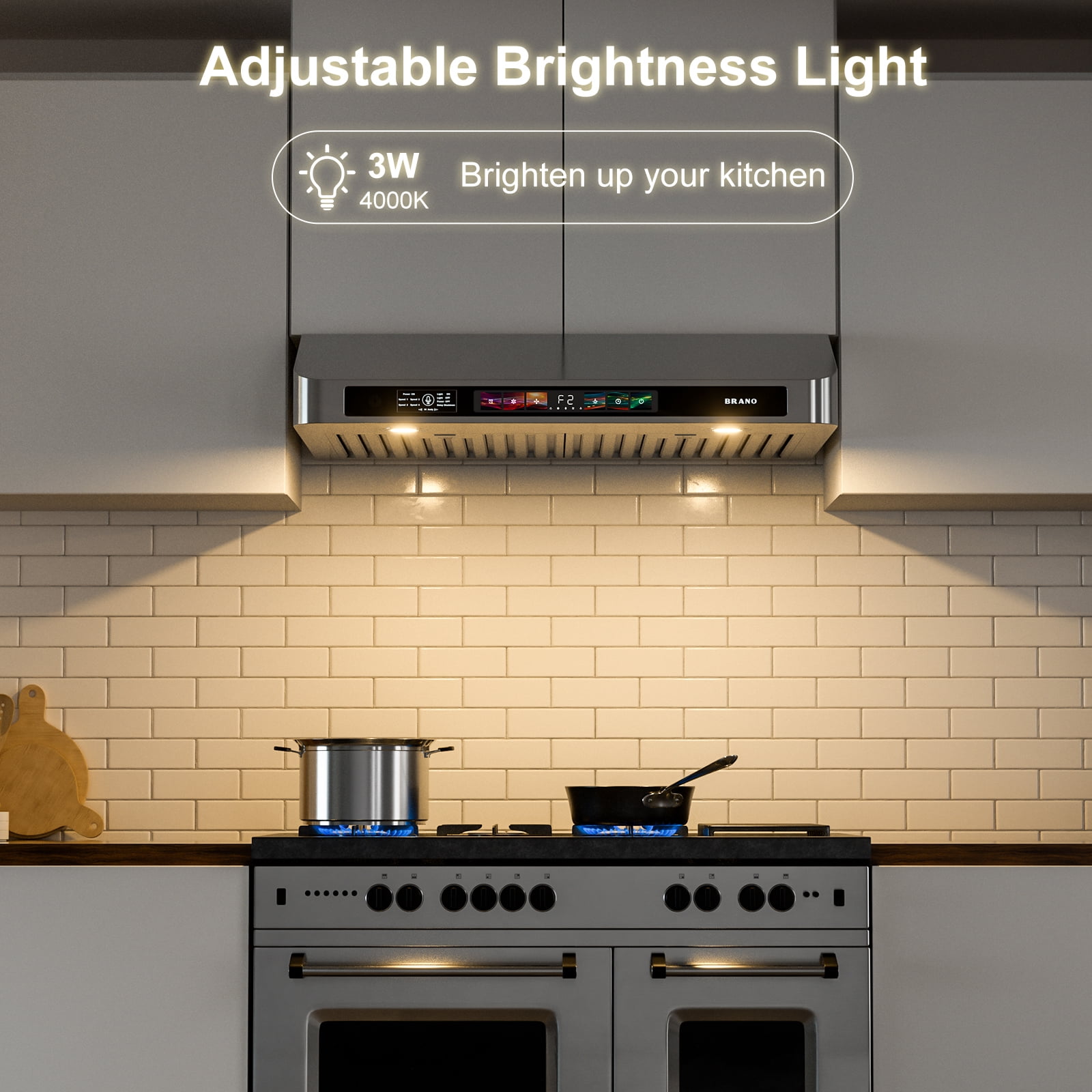 BRANO 30 in. Under Cabinet Range Hood with Voice, Gesture & Touch Control, 900 CFM, 4-Speed Stainless Steel Vent Hood, LED Lights