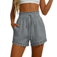 thumbnail image 6 of Sevevn Women's Summer Lace Trim Drawstring Shorts High Waist Ruffle Hem Casual Loose Shorts with Pockets Gray M, 6 of 7
