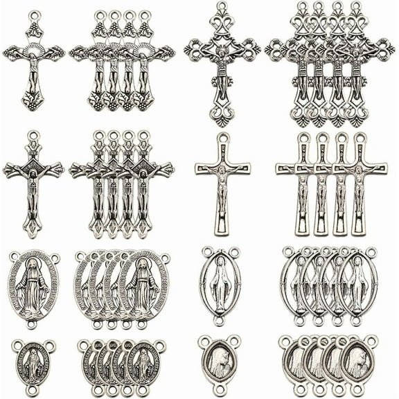 1 Box 80Pcs 8 Styles Rosary Charms Silver Crucifix Charms Vintage Tibetan Style Easter Alloy Oval Connectors Chandelier Link Charm for Jewelry Making Charms Supplies DIY Necklace Craft for DIY