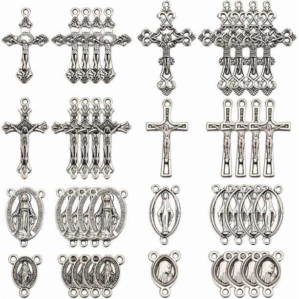 1 caja de 80 piezas con dijes de rosario en 8 estilos diferentes: dijes de crucifijo plateado, dijes ovalados de aleación estilo tibetano vintage para Pascua, dije de eslabón para candelabro