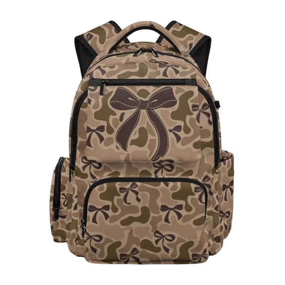 KUIFORTI Bow Brown Camo Boys Backpack 17 Inch Polyester Kids School Bag with Front Pockets Adjustable Straps for Elementary Primary Middle Daily Use