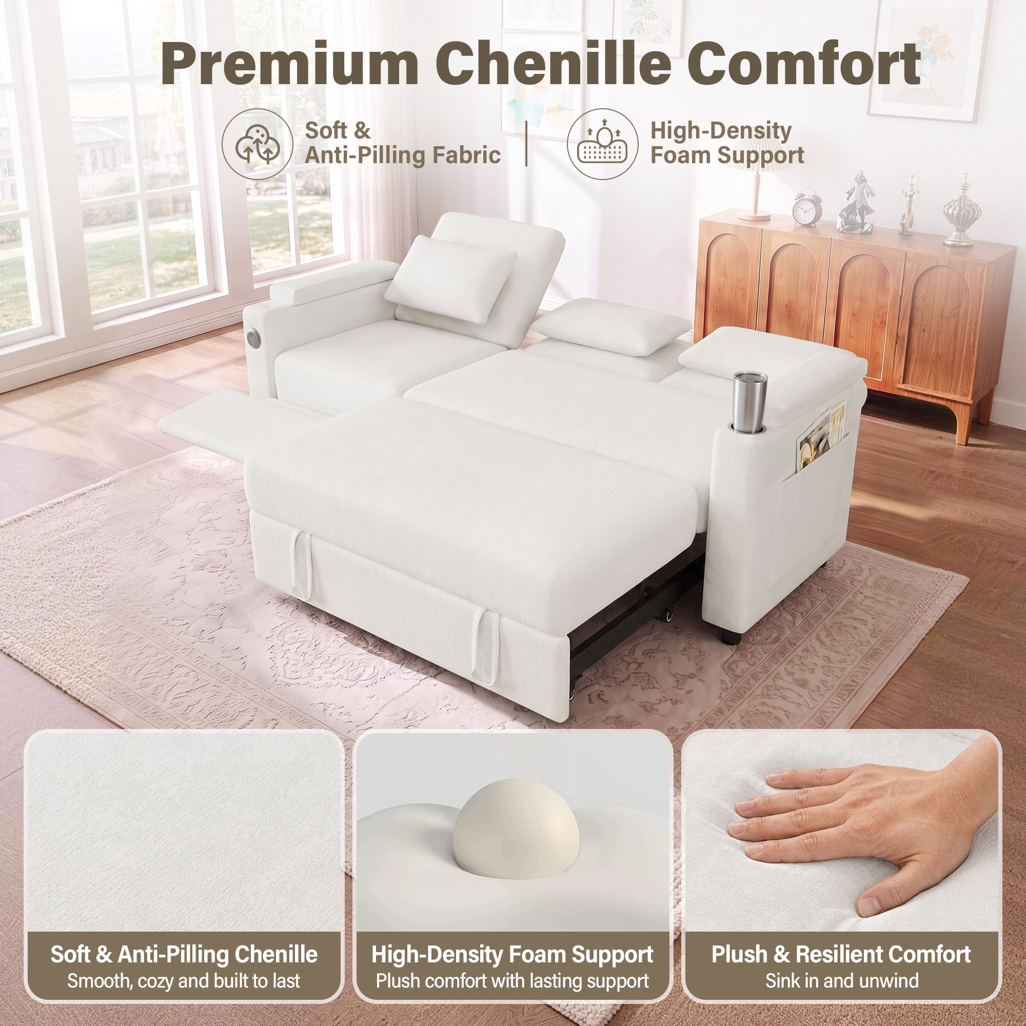 Aukfa 81" Convertible Sleeper Sofa,Chenille 3-in-1 Sofa Bed with Recliner,Center Table,USB Ports & Storage Armrests,White