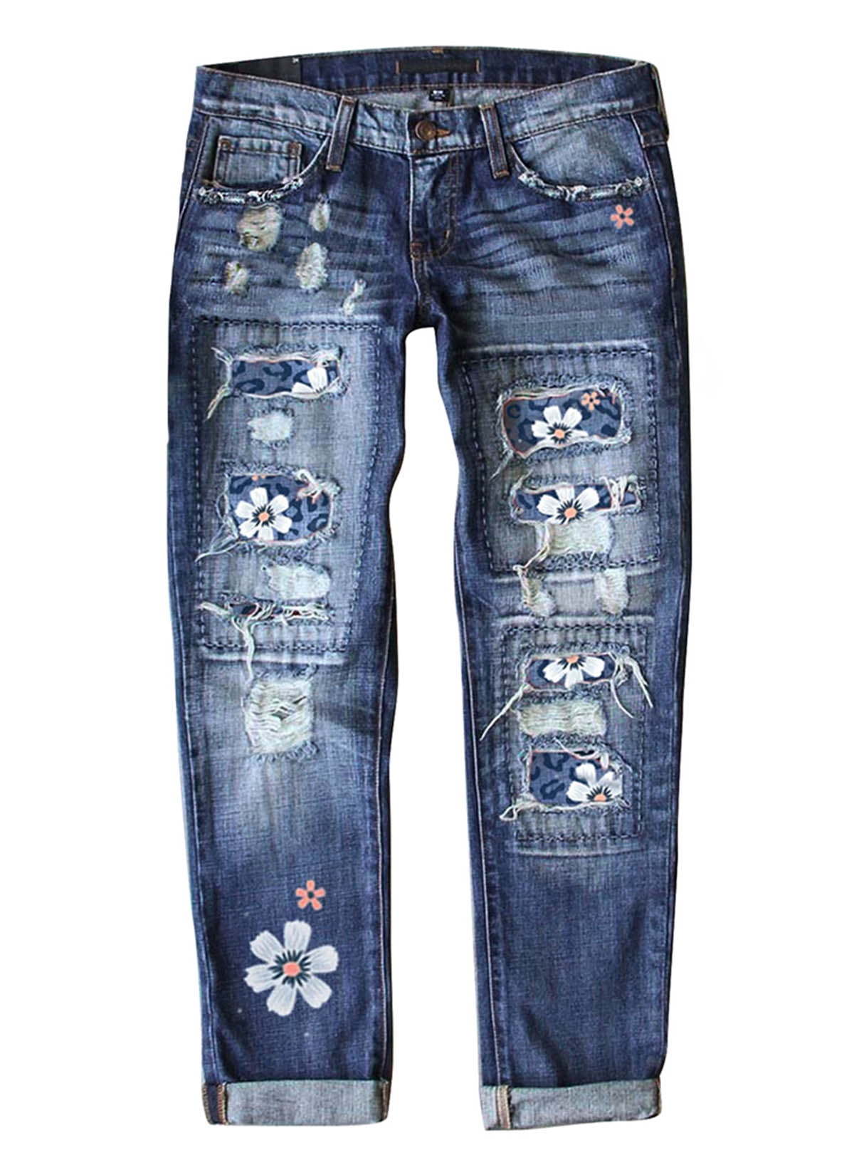Rosfancy Womens Flower Jeans Mid Waist Boyfriends Destroyed Ripped