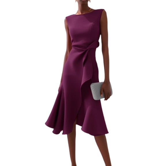 CIENVNSTG Women Sleeveless Solid Color Round Neck Midi Dress Elegant Slim Fit Formal Fashion Evening Party Dresses Clothing Purple L