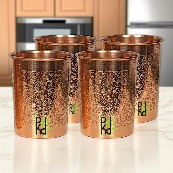 Peekdee Pure Copper Embossed Tumbler Drinking Ware Glass For Ayurveda Health Benefits set of 4