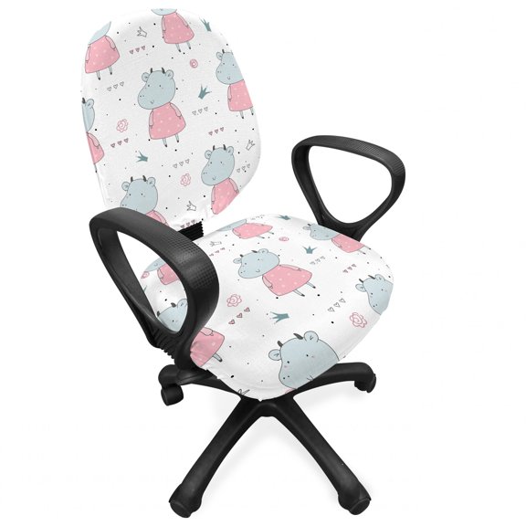 Animal Office Chair Slipcover, Cows in Dresses with Scribbled Heart and Flowers, Protective Stretch Decorative Fabric Cover, Standard Size, Cadet Blue Cadet Blue, by Ambesonne