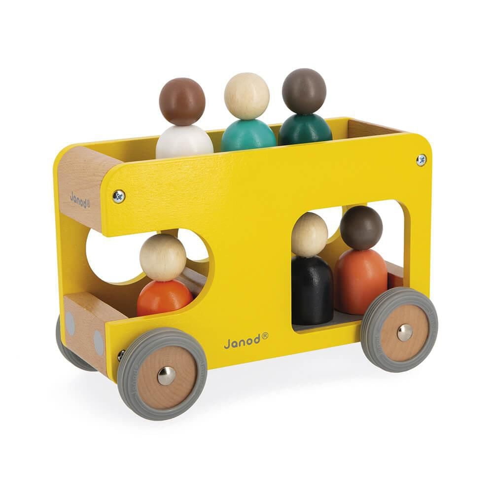 Janod - Bolid Solid Wood School Bus - Silent Wheels - Imagination and Fine Motor Skills - Water-Based Paints - 2 Years + - Yellow - 346355.