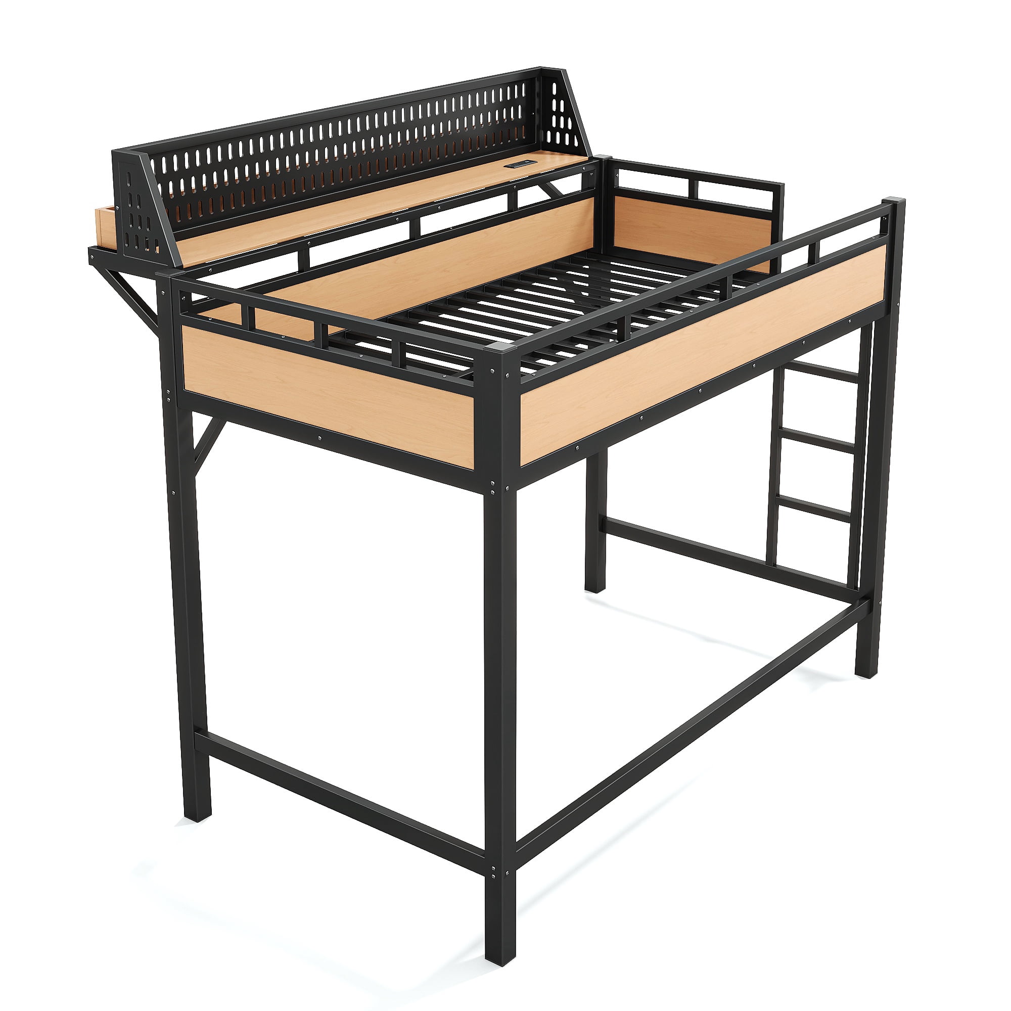 Aukfa Twin XL Metal Loft Bed with USB Charging Ports & LED Lights, Heavy Duty Loft Bed with Guardrails for Kids & Small Bedroom, Natural