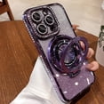 thumbnail image 2 of Rhinestone Glitter Plated Bling Luxury Phone Case with Holder Stand for Women,Stylish Apple iPhone Case Compatible with Magsafe,iPhone 15 Case(Purple), 2 of 8